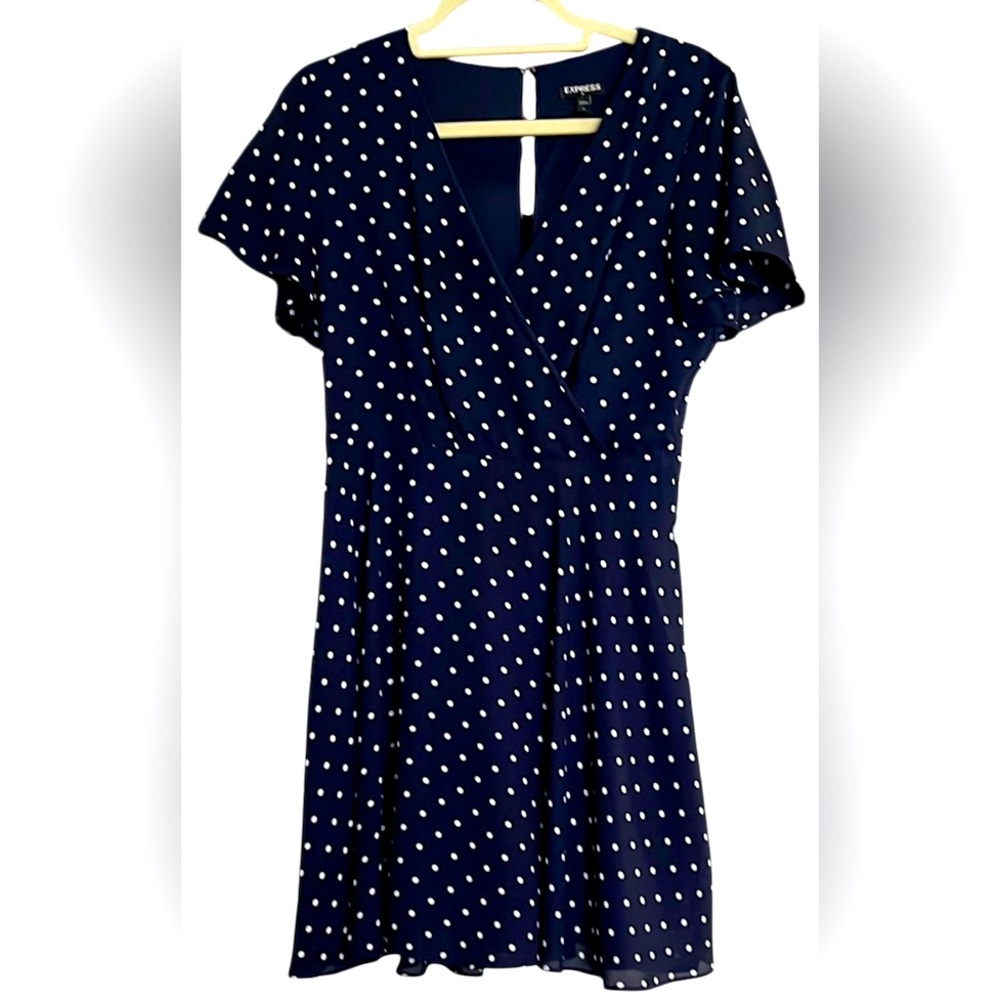 EXPRESS Navy Blue/White Polka Dot V-Neck Cross Front, Lined Dress, Size 8, GUC.